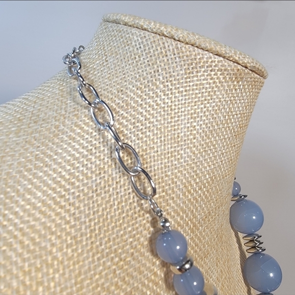 Blue Beaded Necklace With Silver Tone Accents Statement Jewelry - Picture 7 of 15